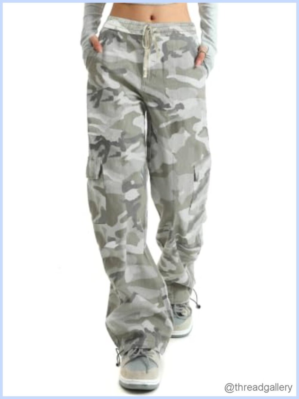 Camo Cargo Pants High Waisted Wide Leg 100% Cotton Drawstring